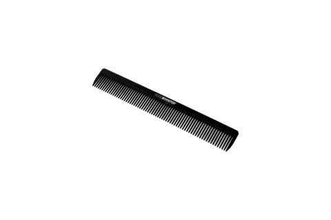 A black Edge Booster hair comb lies on a black background.