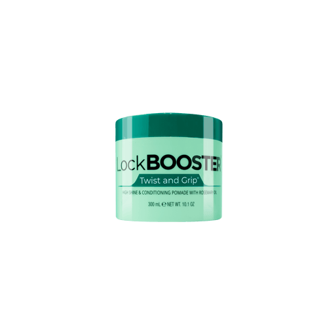 A green jar of LockBooster Twist and Grip high shine and conditioning pomade with rosemary oil.