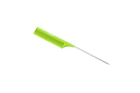 A bright green Edge Booster rattail comb lays on a black background, showcasing its fine teeth and pointed metal tail.