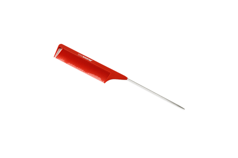 A red Edge Booster rattail comb with a metal tail lies diagonally on a black background.