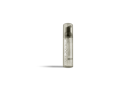 A bottle of Hematite Style Factor Edge Booster Extra Strength Formula Setting Mousse stands against a black background.