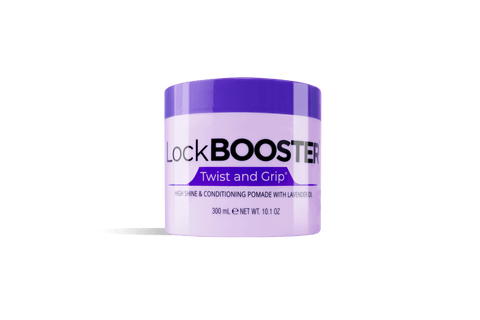 A purple jar of LockBooster Twist and Grip high shine & conditioning pomade with lavender oil.