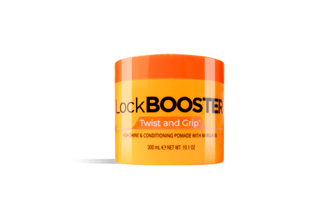 A bright orange jar of LockBooster Twist and Grip high shine & conditioning pomade with marula oil.