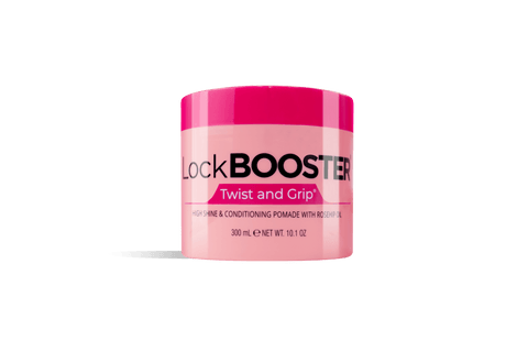 A pink jar of LockBooster Twist and Grip high shine & conditioning pomade with rosehip oil.