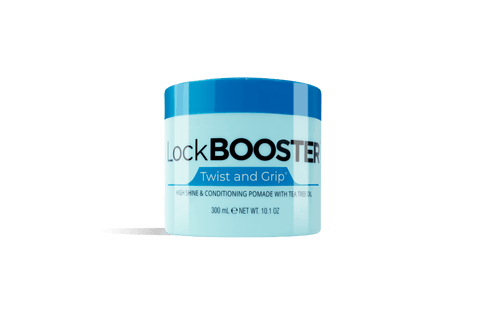 LockBooster Twist and Grip hair pomade jar with blue lid against a black background.