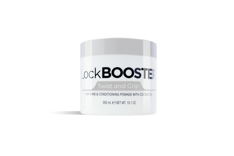 A white jar of LockBooster Twist and Grip, high shine & conditioning pomade with coconut oil.