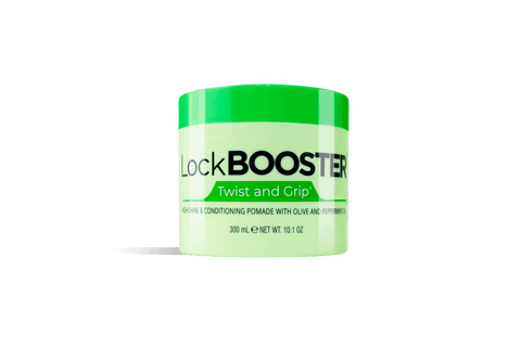 A green jar of LockBooster Twist and Grip, a high-shine and conditioning pomade infused with olive and peppermint oil.