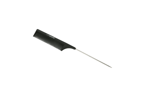 Black styling comb with a long metal tail for sectioning hair.