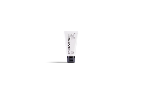 White tube of Style Factor Edge Booster Fitting Gel on a black background. 
