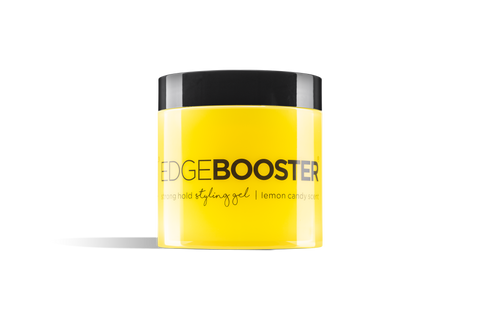A jar of bright yellow Edge Booster strong hold styling gel with a black lid. 
