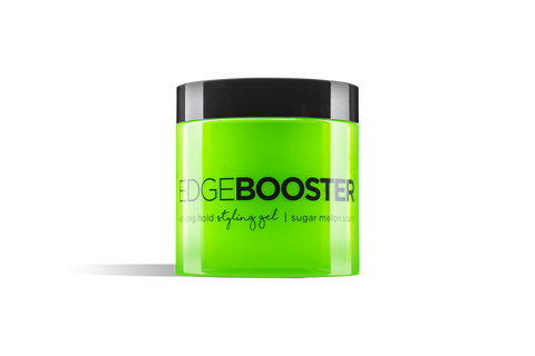 A bright green jar of Edge Booster strong hold styling gel with a sugar melon scent. 
