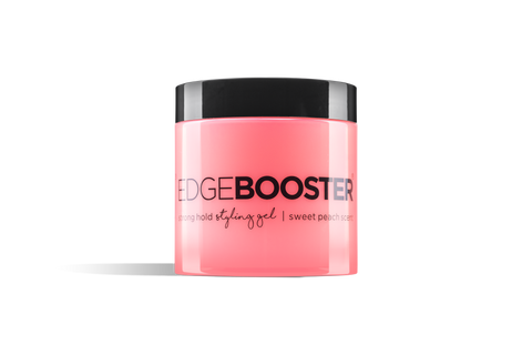 A jar of Edge Booster strong hold styling gel with a sweet peach scent. 
