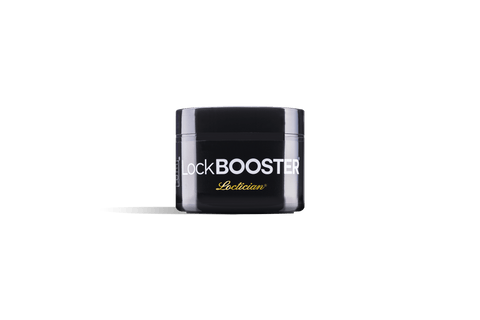 A black jar of Loctician Lock Booster displays against a black background. 
