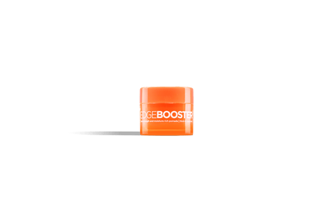 A bright orange jar of Edge Booster hair pomade sits against a black background. 
