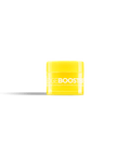 A bright yellow jar of Edge Booster strong hold and moisture rich pomade for thick and coarse hair. 
