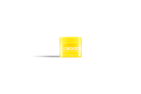 A bright yellow jar of Edge Booster strong hold and moisture rich pomade for thick and coarse hair. 
