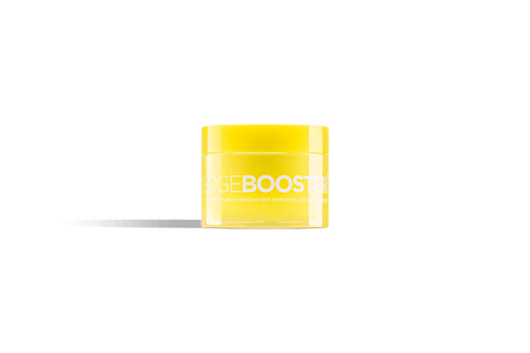 Yellow jar of Edge Booster strong-hold and moisture-rich pomade for thick hair. 
