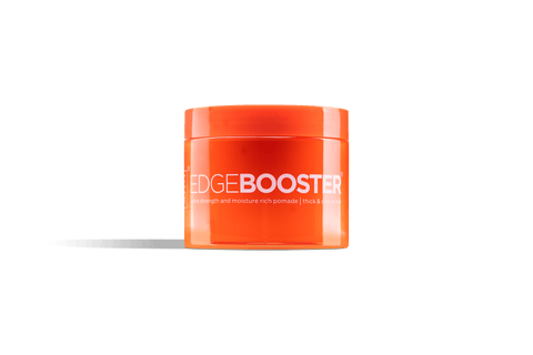 A bright orange jar of Edge Booster extra strength hair pomade for thick and coarse hair. 
