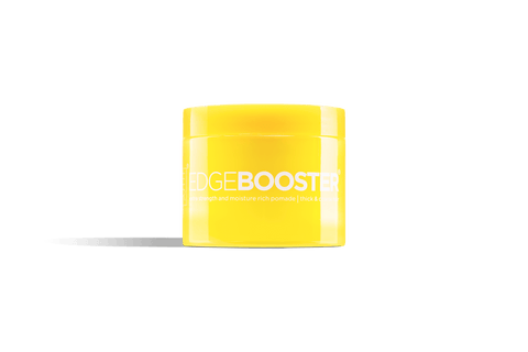 A bright yellow jar of Edge Booster extra strength and moisture rich pomade for thick and coarse hair. 
