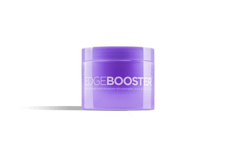 A purple jar of Edge Booster extra strength and moisture rich pomade for thick and coarse hair. 
