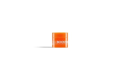 A bright orange jar of Edge Booster strong-hold and moisture-rich hair pomade. 
