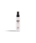 A white bottle of Wigout Leave-in Conditioner with a black spray nozzle stands against a black background. 
